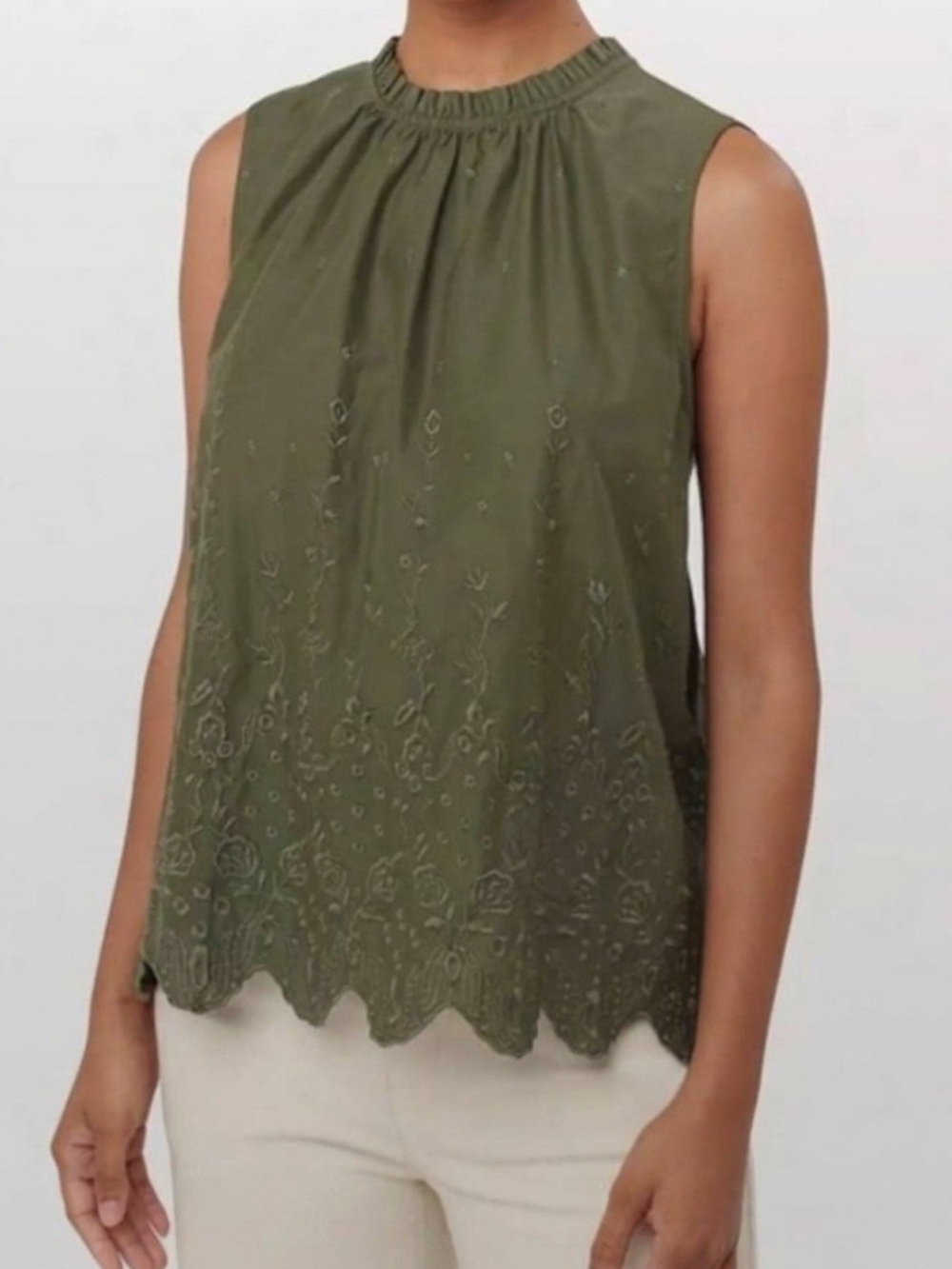 LOFT Olive Green Embroidered Cotton Sleeveless Ruffle Neck Scalloped Hem Top